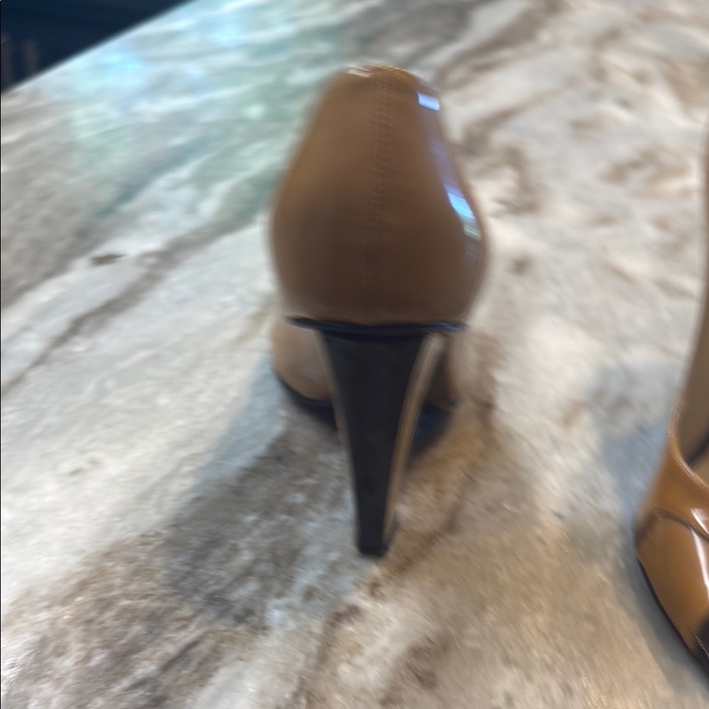 Jimmy Choo Tan and Black Peep patent leather Toe Heels - Picture 3 of 12